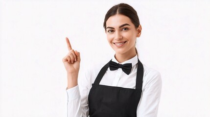 Service with a Smile: A charming waitress, dressed in formal attire, exudes warmth and confidence as she points towards a desired direction, inviting engagement.