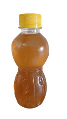Plastic Bottle of Raw Honey with Bright Yellow Cap Isolated on a Clean Transparent Background