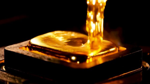 Liquid gold pouring into a mold with blinding brightness metallic glints heat distortion flying sparks and rich black luxury contrast