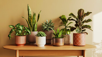 Fototapeta premium Diverse collection of vibrant indoor plants in stylish pots on a wooden table