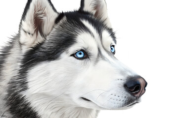 Close-up portrait of a Siberian husky head with blue eyes looking at the camera. Detailed realistic dog face isolated on transparent background.