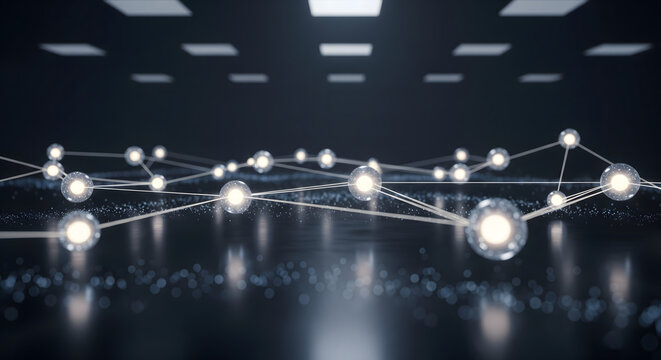 Network of Connections: a stunning digital network of glowing spheres connected by a web of lines, representing interconnectedness, data flow, and technological advancement. - Powered by Adobe