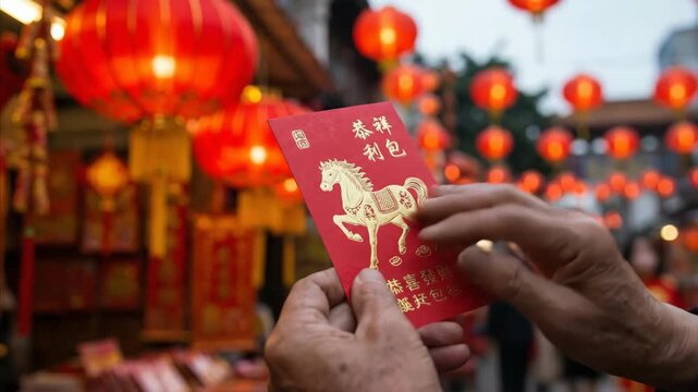 Elderly hands presenting red envelope with golden horse design under hanging lanterns. Lunar New Year tradition of gifting festive packets in Chinese culture.