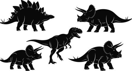 Set of dinosaur silhouettes including Tyrannosaurus Rex, Stegosaurus, and Triceratops icons, prehistoric animal vector collection for logo design, educational posters, and creative projects. © Abida