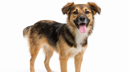 Smiling Canine's Portrait: A cheerful, mixed-breed dog, exuding warmth and friendliness, with a playful expression. The dog, a loyal companion, standing in a studio environment.