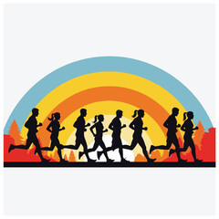 Silhouettes of diverse runners in a race vibrant colorful background ideal for health and fitn