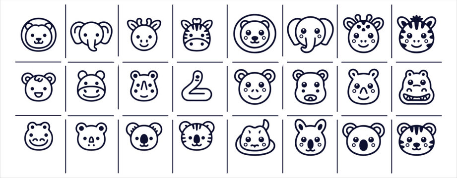 Cute animal faces and zoo safari line icons set lion elephant giraffe zebra bear koala tiger snake wildlife heads