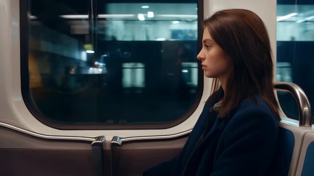 Silent Night Journey, Solitary Woman In Dark Coat Reflects On City Lights Passing By Quietly In Night