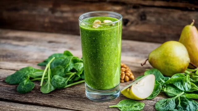 Healthy green smoothie in glass surrounded by fresh spinach pear and lime on rustic wooden table promoting clean eating nutrition and wellness