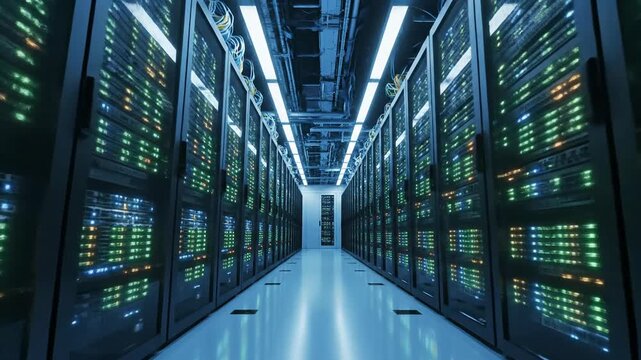 Immersive journey through a futuristic data center with illuminated server racks