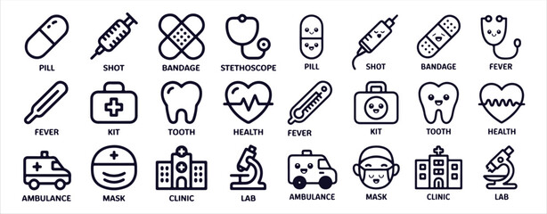 Fototapeta premium Medical healthcare kawaii line icon set emergency hospital clinic ambulance lab equipment cute collection