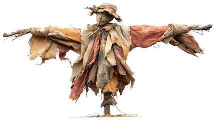 Weathered scarecrow with flapping rags,Transparent background, PNG file