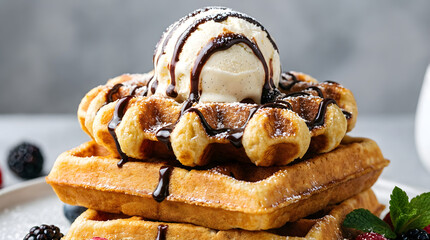 stack of golden-brown Belgian waffles topped with a generous scoop of vanilla ice cream, drizzled with chocolate syrup. Fresh berries and a sprig of mint garnish the plate.