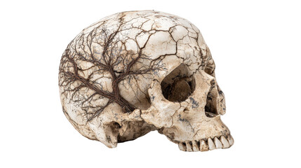 Weathered skull cracked with roots inside,Transparent background, PNG file