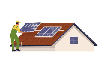 Illustration of Professional Technician Installing Solar Panels on Residential House Roof. Renewable Green Energy Systems Illustration for Sustainable Living and Eco Friendly Power Solution