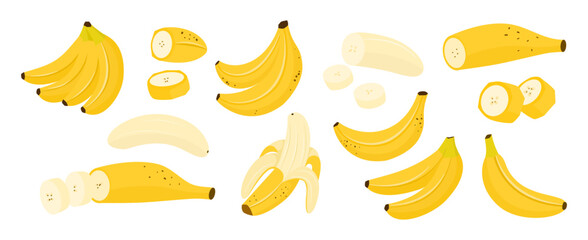 Fresh banana vector set with whole fruits, peeled bananas, slices and bunches. Flat style yellow bananas isolated on white background for food design, packaging and healthy nutrition illustration.