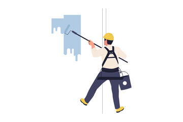Illustration of Professional Painter Working at Height with Safety Harness Painting High Rise Building Wall. Exterior Renovation and Construction Maintenance Service Flat Illustration