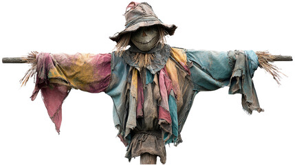 Weathered scarecrow with flapping rags,Transparent background, PNG file