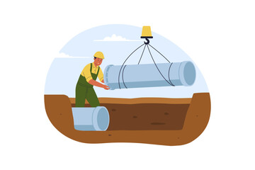 Illustration of Construction Workers Installing Underground Water Pipe System for City Infrastructure. Industrial Trench Excavation and Utility Maintenance Service Illustration