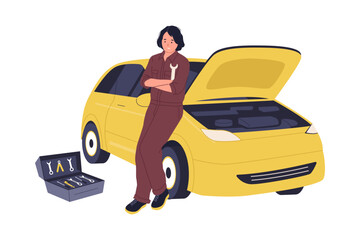Illustration of Professional Female Mechanic Repairing Car Engine with Tool Box. Automotive Service and Vehicle Maintenance Workshop Industry Character Illustration