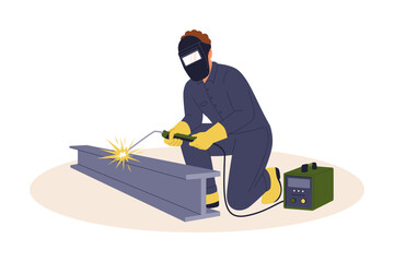 Illustration of Skilled Industrial Welder Working on Steel Beam with Protective Mask and Spark Flash. Metal Fabrication and Manufacturing Construction Process Concept Illustration