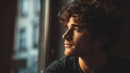 The Contemplative Soul: A young man gazes out a window, sunlight illuminating his face, lost in thought. A moment of quiet reflection and introspection.