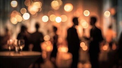 Evening Gathering: A blurred image of a social gathering or event is taking place, with indistinct figures and glowing lights adding to an abstract and inviting ambiance.