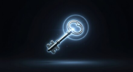 A glowing silver key against a dark background, suggesting secrets