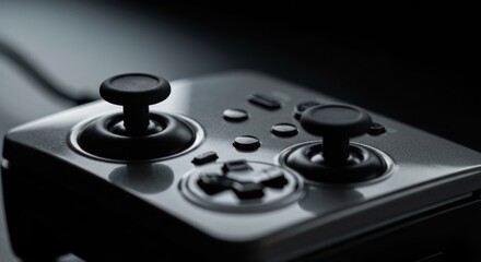 Close-up of a game controller with joysticks and buttons, in dark tones