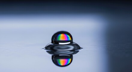 Macro shot of water droplet with rainbow reflection on reflective surface