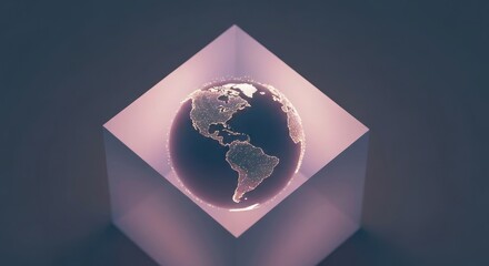 A glowing Earth globe floats within an illuminated translucent cube