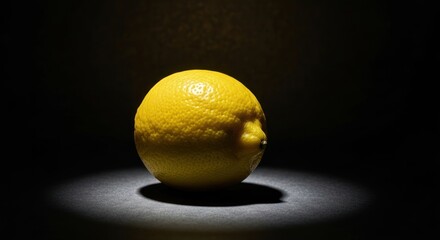 Single, bright yellow citrus fruit lit dramatically against black