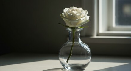 White rose in a clear glass vase, light streaming from a window