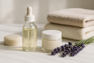 Natural skincare products with essential oil dropper, cream jar, lavender flowers and folded towels, soft light minimal style wellness beauty
