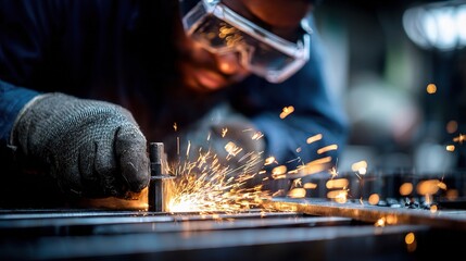 Sparks Fly: A focused artisan, protected by safety glasses, meticulously crafts and shapes metal with precision and skill, creating a shower of fiery sparks.