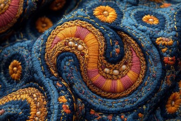 Paisley textile embroidery closeup colorful detailed fabric texture ornamental handmade craft bohemian style traditional decorative pattern artistic textile