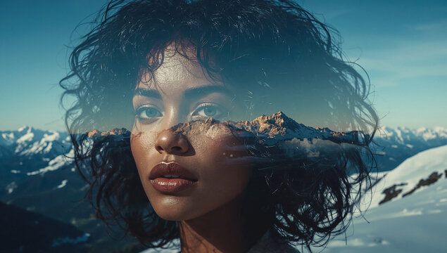 Ritratto con doppia esposizione in primo piano di una donna sullo sfondo di montagne innevate