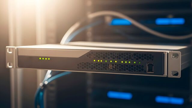 Server equipment with blinking green lights. Data center network infrastructure for internet technology and hosting. - Powered by Adobe
