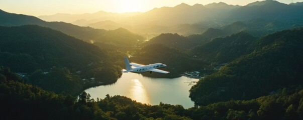 Private jet flying over a serene mountain lake at sunrise or sunset, surrounded by lush green forests and a golden sky.
