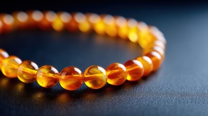 Dainty bracelet made of luminous amber beads shines with its translucent golden rich texture and hues