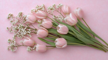 Gentle arrangement of pink tulips and baby's breath on pastel pink backdrop