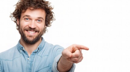 Enthusiastic Pointer: A cheerful individual, with expressive eyes and a warm smile, confidently directs attention, embodying a sense of purpose and approachability.