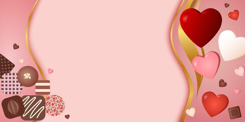 Valentine&rsquo;s Day Background with Hearts and Chocolate, Pink Romantic Copy Space Illustration