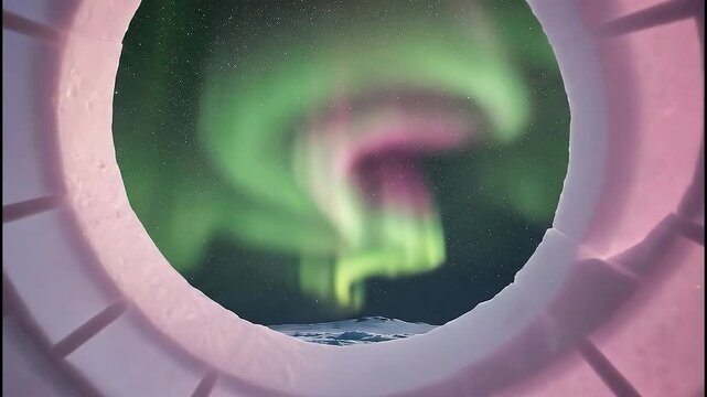 Igloo aurora timelapse shows the northern lights twisting and changing color above a snowy landscape