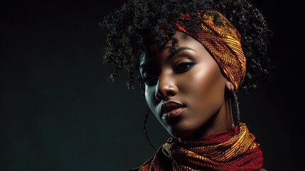 Radiant Beauty: A captivating portrait of a woman with curly hair adorned by a colorful headscarf, capturing the beauty of confident elegance