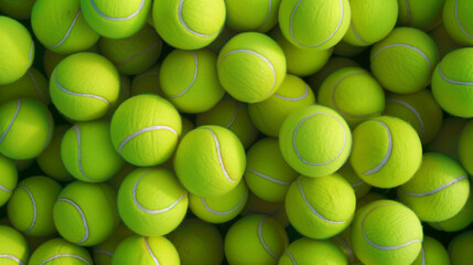 A close up shot of a large pile of bright green tennis balls filling frame