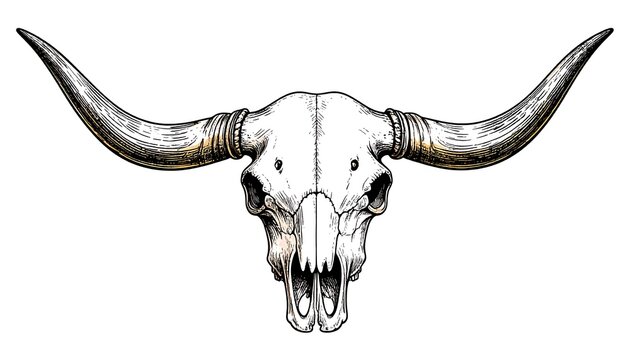 Detailed illustration of a cow skull with large, curved horns