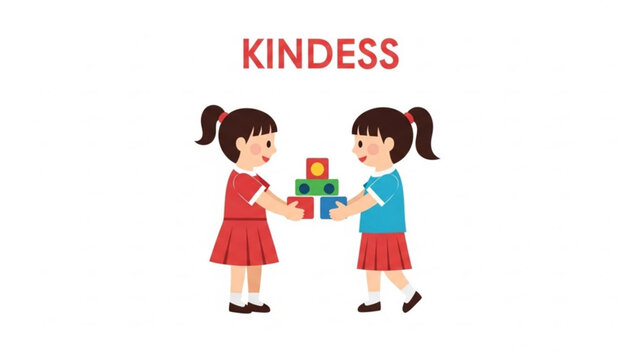 Two girls sharing building blocks illustrating kindness and friendship simple flat vector illustration for childrens conce