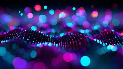 Futuristic abstract background with a flowing digital wave of neon particles and bokeh lights