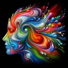 Fototapeta premium A colorful swirl of abstract shapes represents the fusion of thoughts and emotions in a human head silhouette